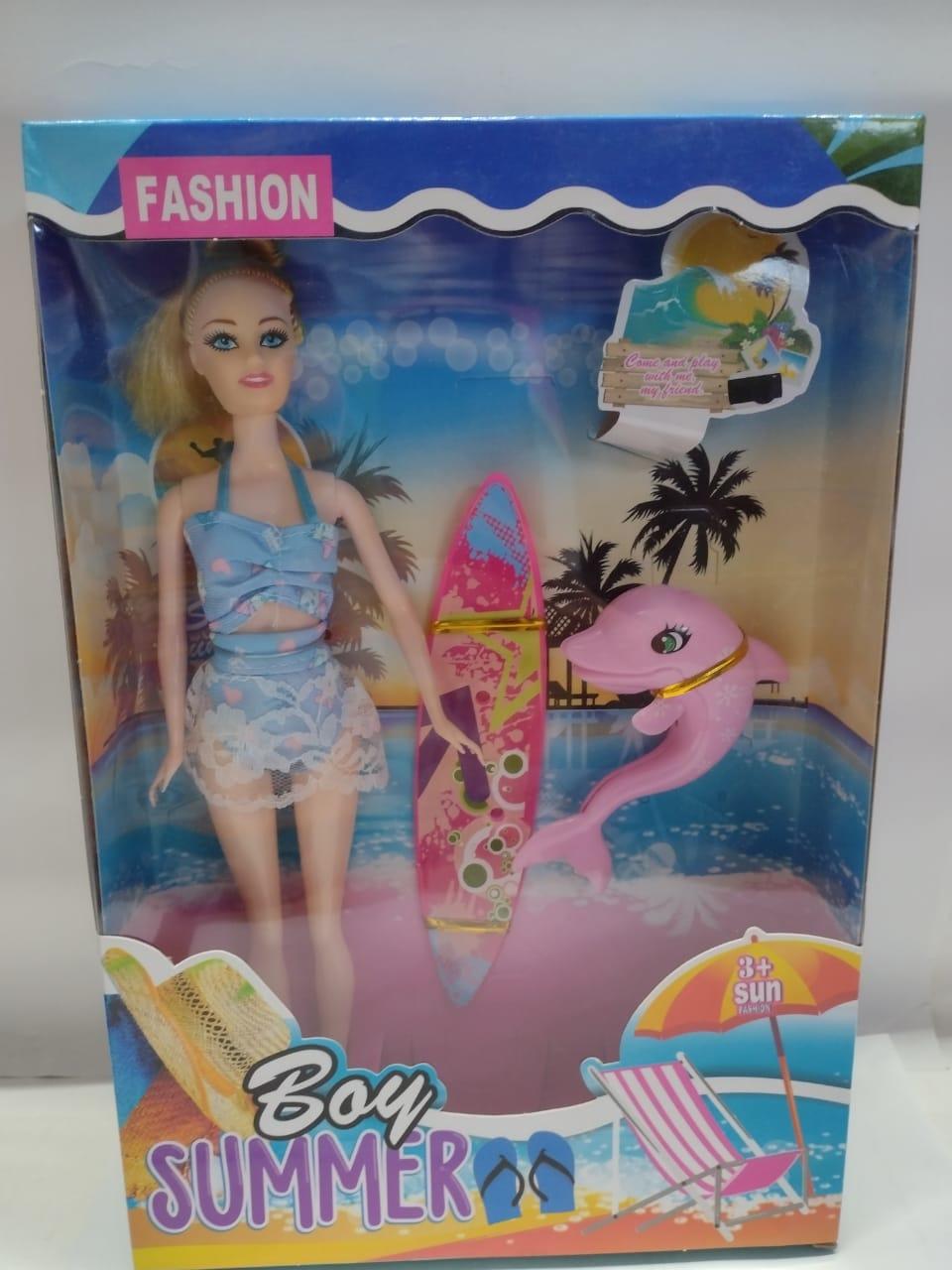 MUÑECA FLACA C/TABLA DE SURF Y DELFIN