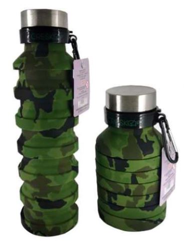 BOTELLA SILICONA PLEGABLE VERDE MILITAR TAPA ACERO
