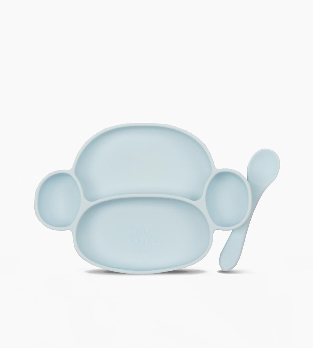 SET PLATO Y CUCHARA SILICONA CELESTE O BATIK